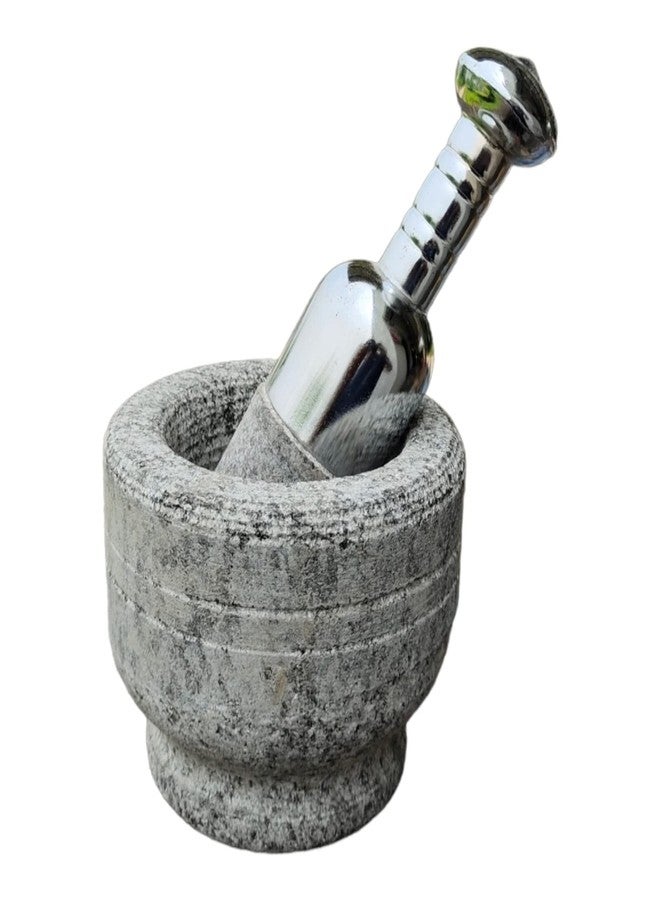 EZAHK SS Handle Mortar and Stainless Handle Pestle Set Stone | Ginger Garlic Crusher for Kitchen Unpolished Heavy Stone Material | Best Masher Kitchen Tool | okhli and musal (4.5INCH) - Image 3